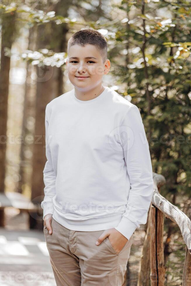 Close-up vertical portrait of a teenager in a white sweater and brown pants. Happy smiling teenager in summer park in sunlight. A beautiful child is looking at the camera in the clearing. photo