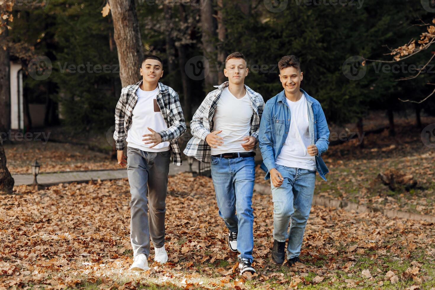 Three teenage boys, posing in nature, rejoicing, running and having fun. Teenage classmates are resting against the background of an autumn forest. photo