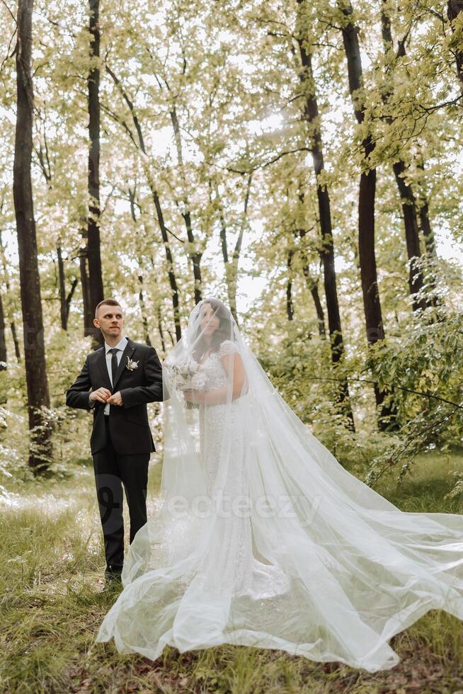 Wedding. Love and couple in garden for wedding. Celebrating the ceremony and commitment. Save the date. Trust. The groom is standing next to the bride. The bride under the veil. First meeting photo