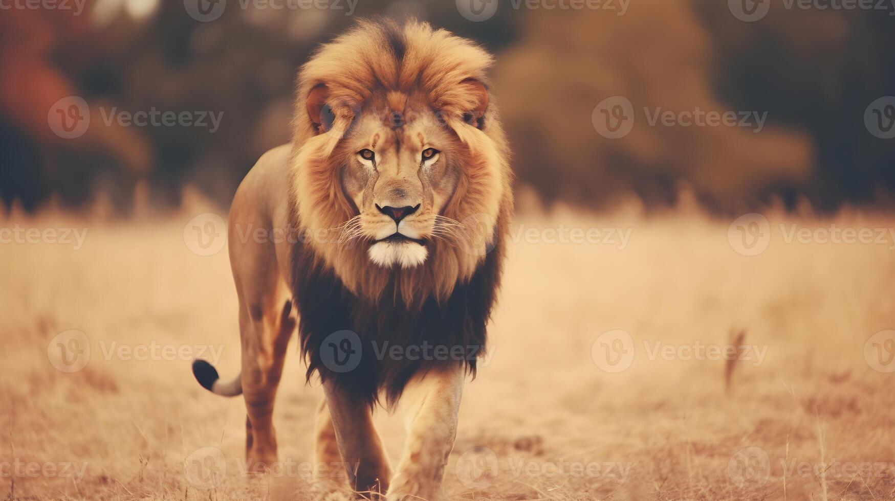 AI generated Lion walking in the savannah. photo