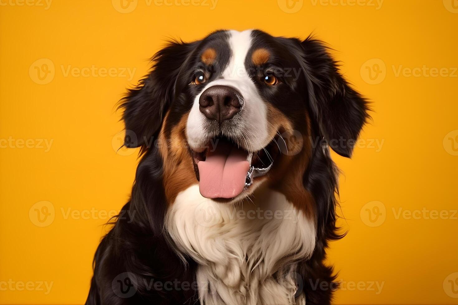 AI generated Close-up portrait of a Bernese mountain dog on a yellow background. photo