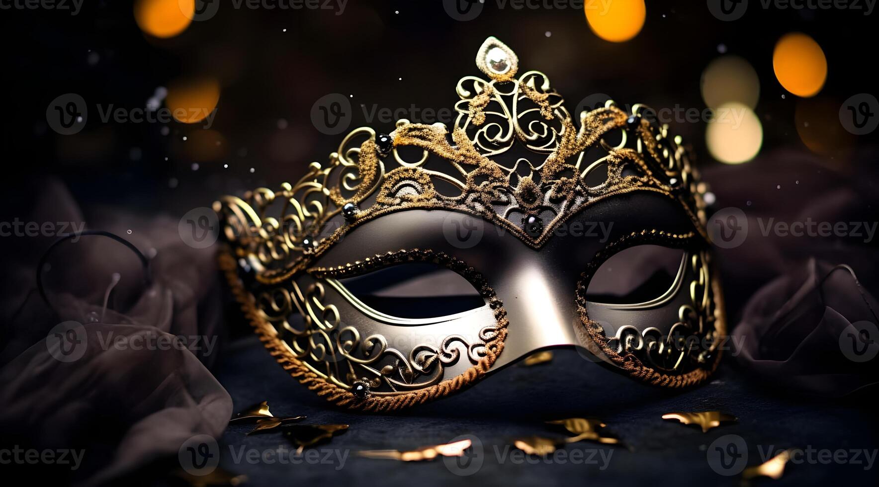 AI generated Traditional black carnival mask on a dark background with bokeh. photo