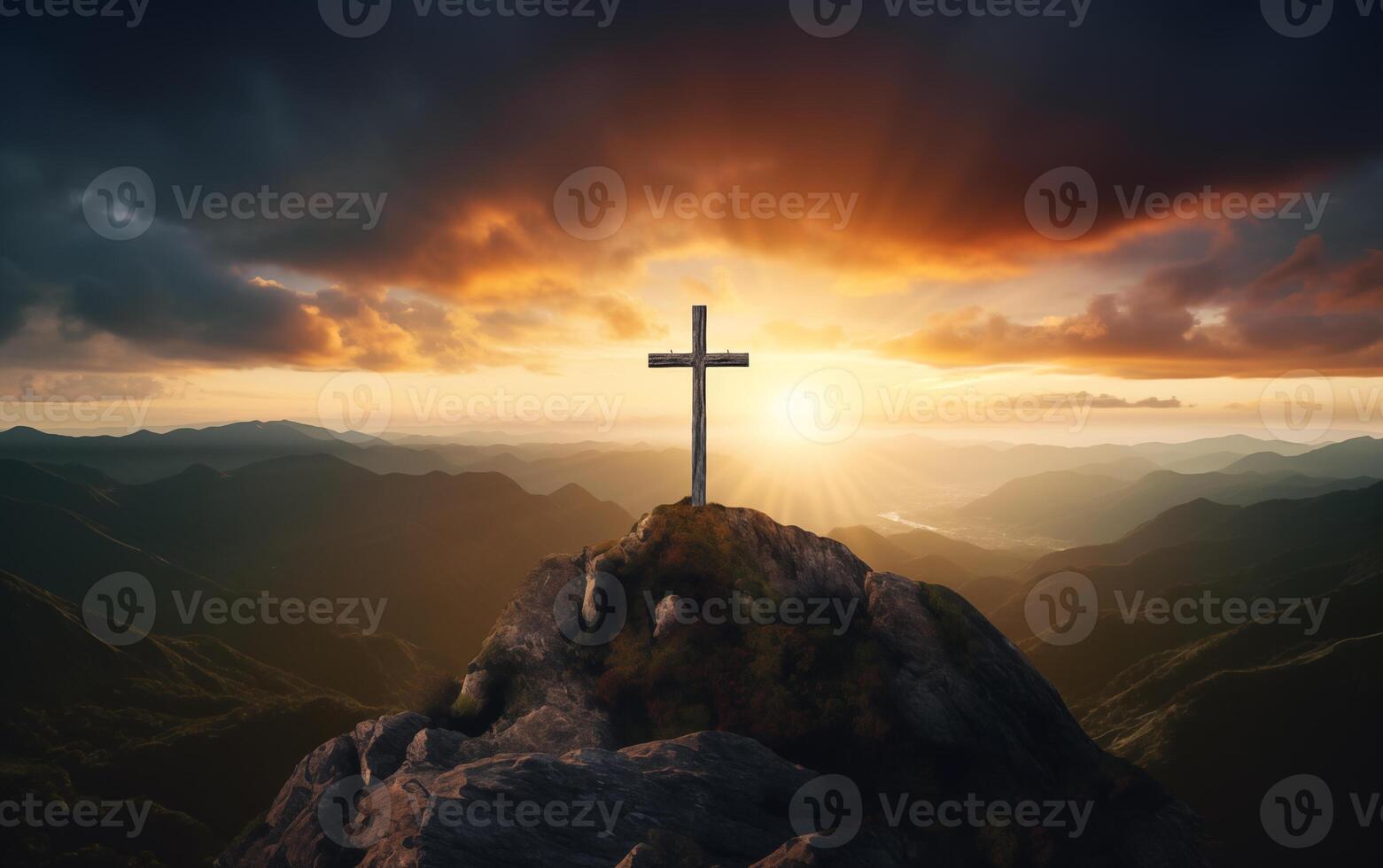 AI generated Cross on top of mountain with sunset sky background. Christian symbol. photo