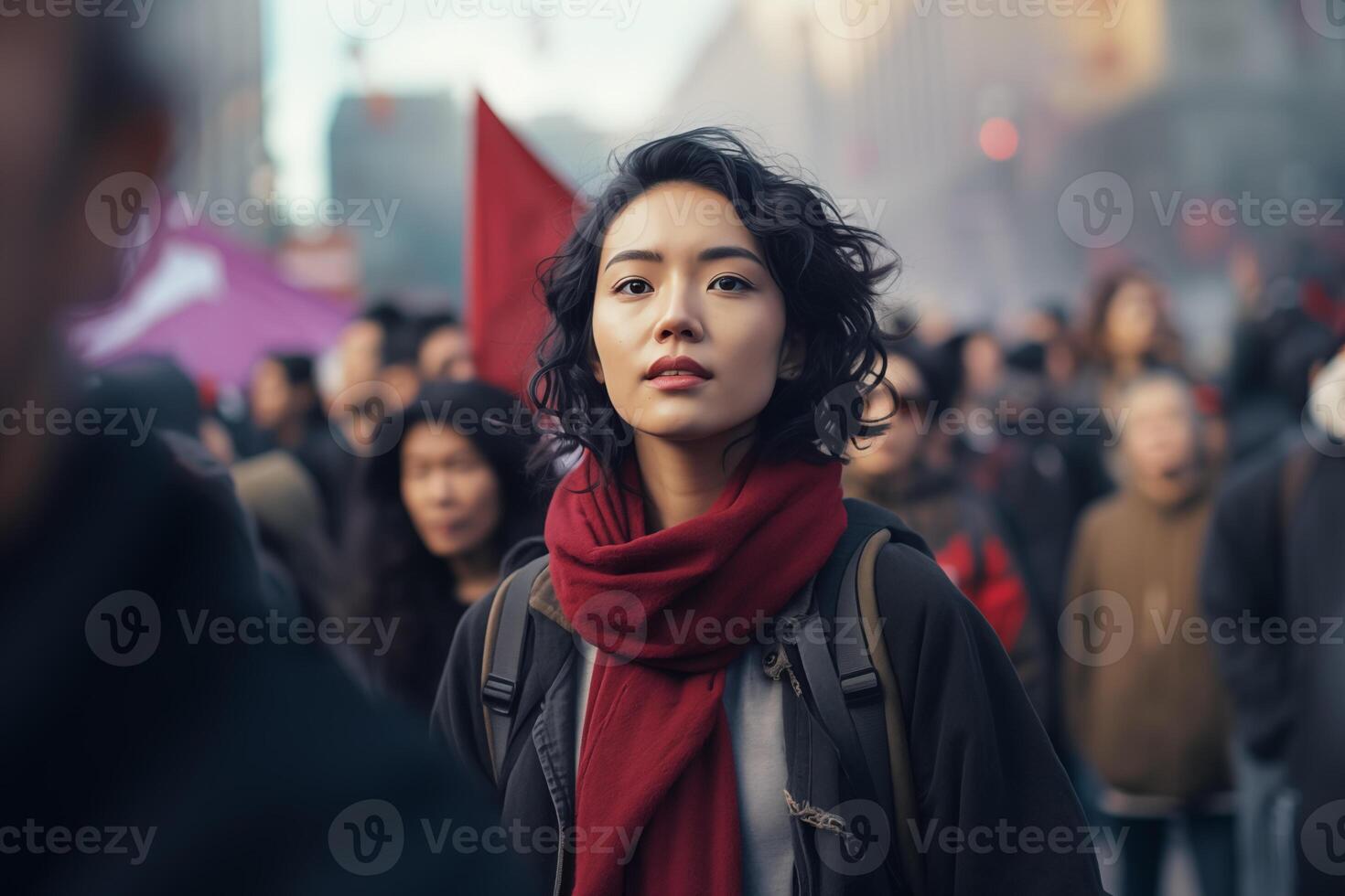AI generated A woman is marching in protest with a group of people. photo