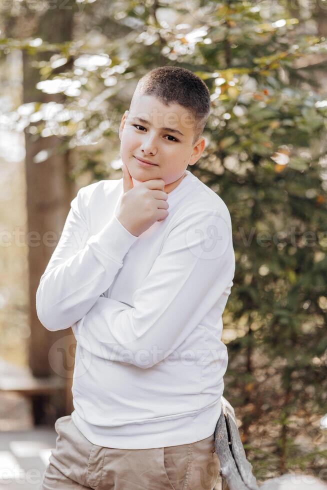 Close-up vertical portrait of a teenager in a white sweater and brown pants. Happy smiling teenager in summer park in sunlight. A beautiful child is looking at the camera in the clearing. photo