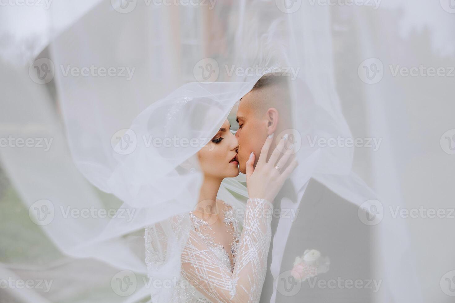 Wedding. Love and couple in garden for wedding. Celebration of ceremony and commitment. Save the date. Trust. The bride and groom embrace. The groom embraces the bride under the veil. photo