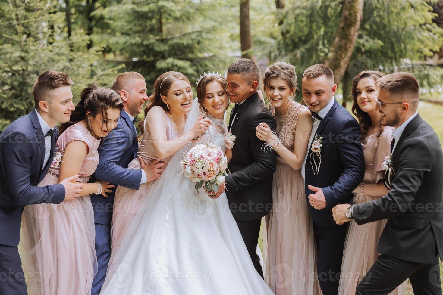 full-length portrait of the newlyweds and their friends at the wedding. The bride and groom with bridesmaids and friends of the groom are having fun and rejoicing at the wedding. photo