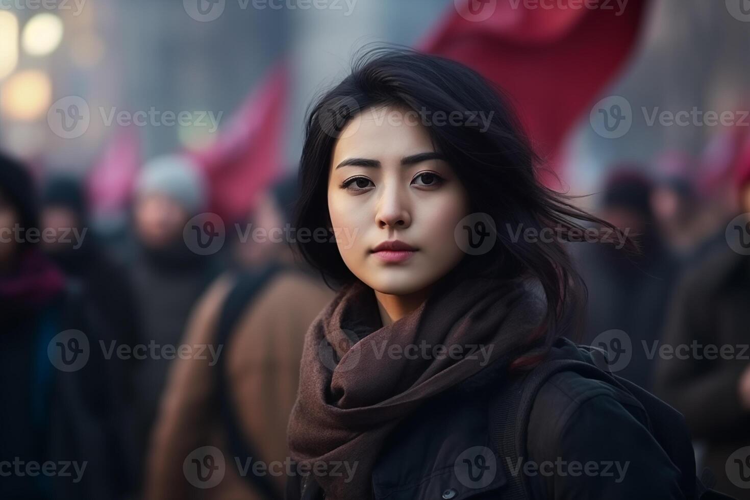 ai generado retrato de un grave mujer a un reunión para De las mujeres derechos. foto