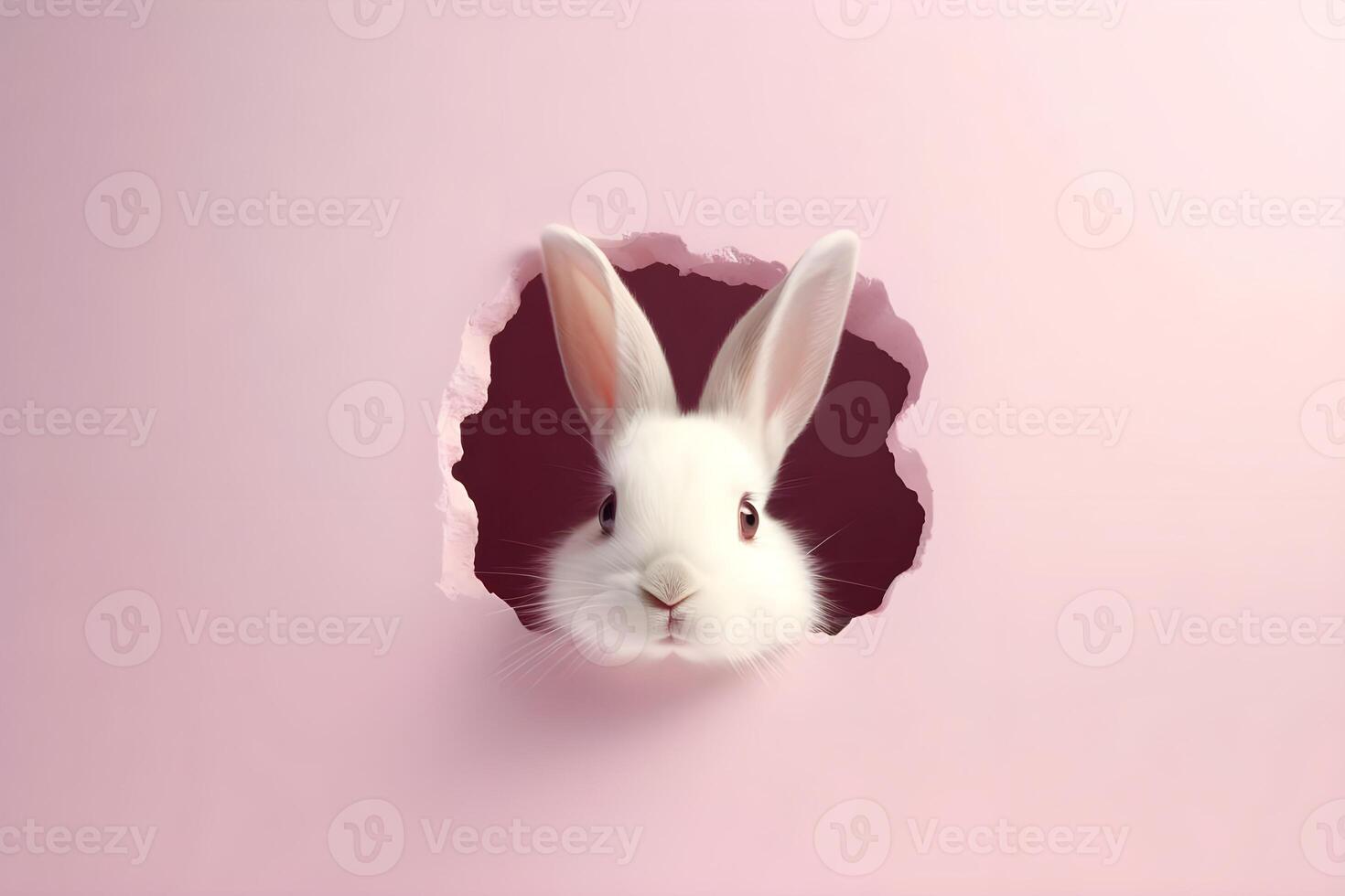 AI generated Rabbit peeks out of a hole on a pink background, copy space. photo