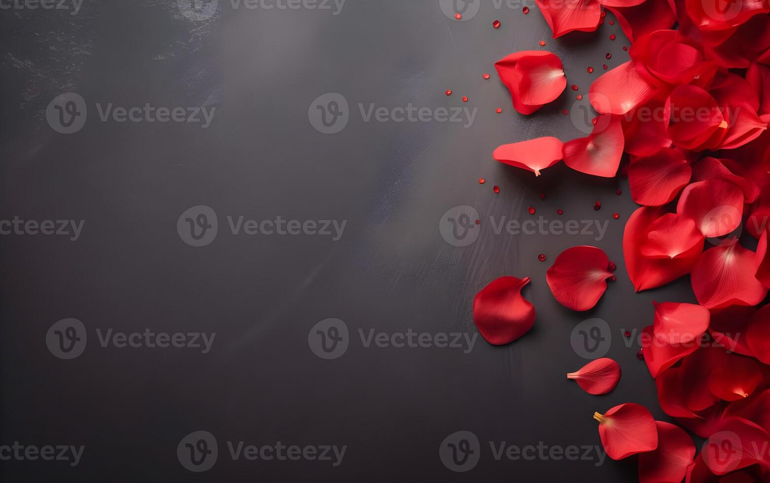 AI generated Red rose petals on black background. Valentines day background. photo