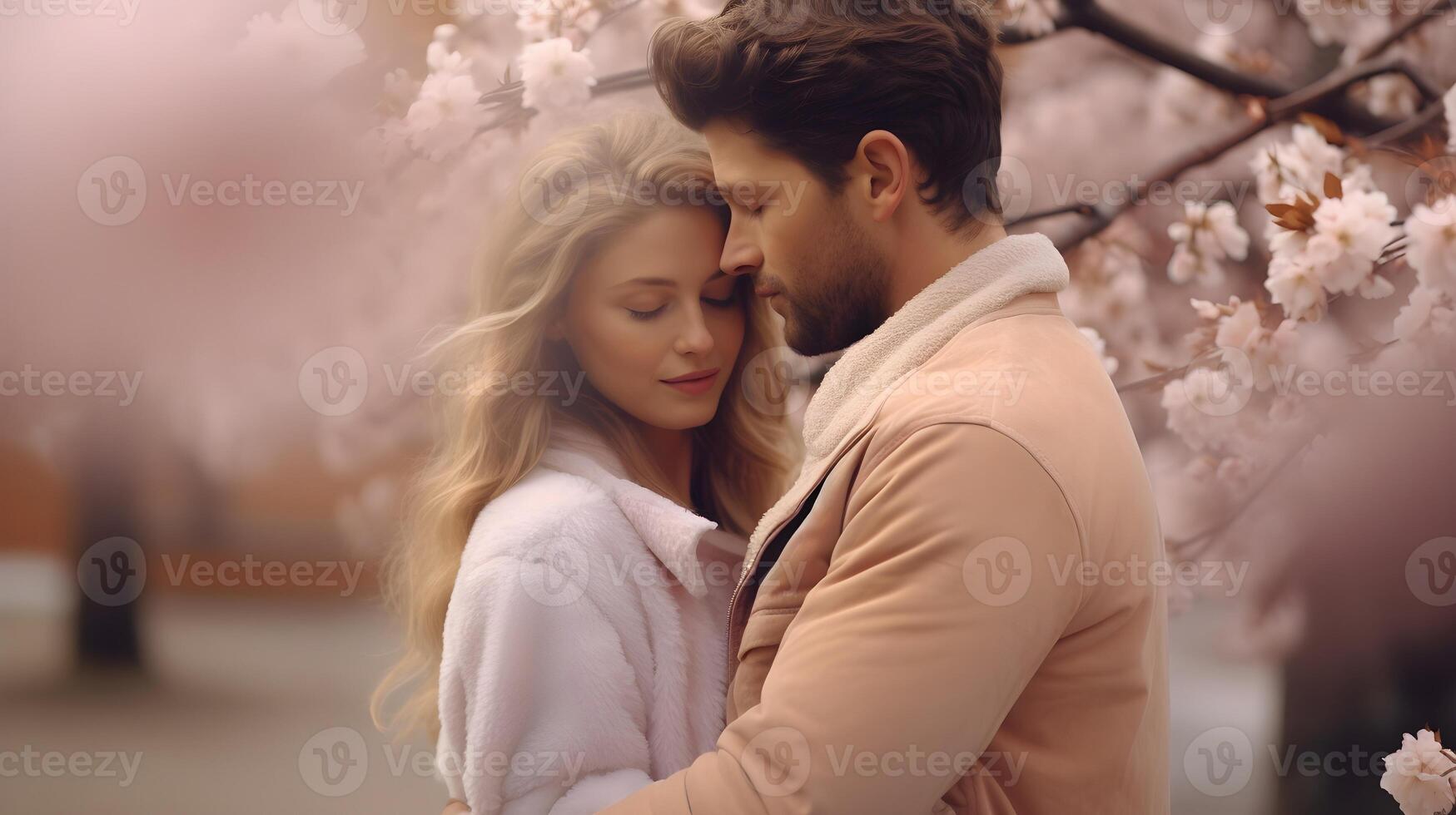 ai generado un Pareja es abrazando en un primavera parque. día de S t. enamorado foto