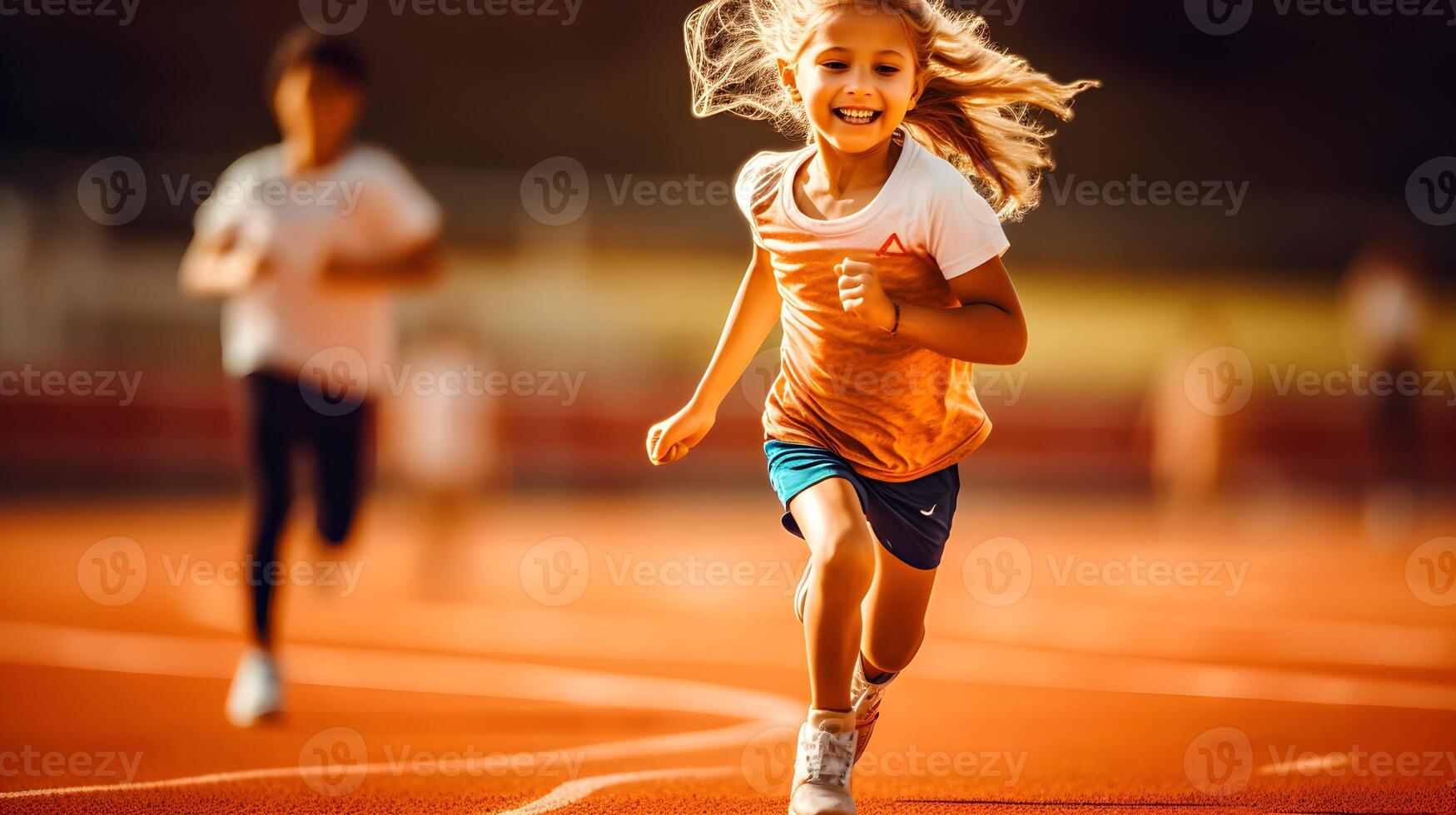 ai generado pequeño niña corriendo en el estadio pista. foto