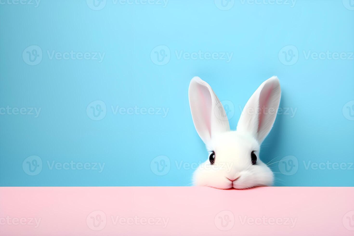 AI generated White Easter bunny on a blue background. photo