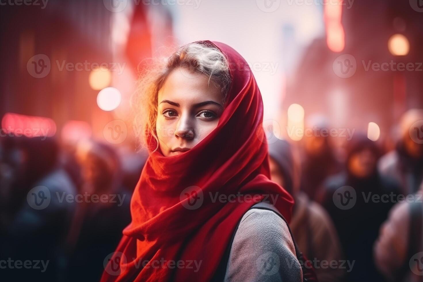 AI generated Young woman in a red shawl on the city street. photo