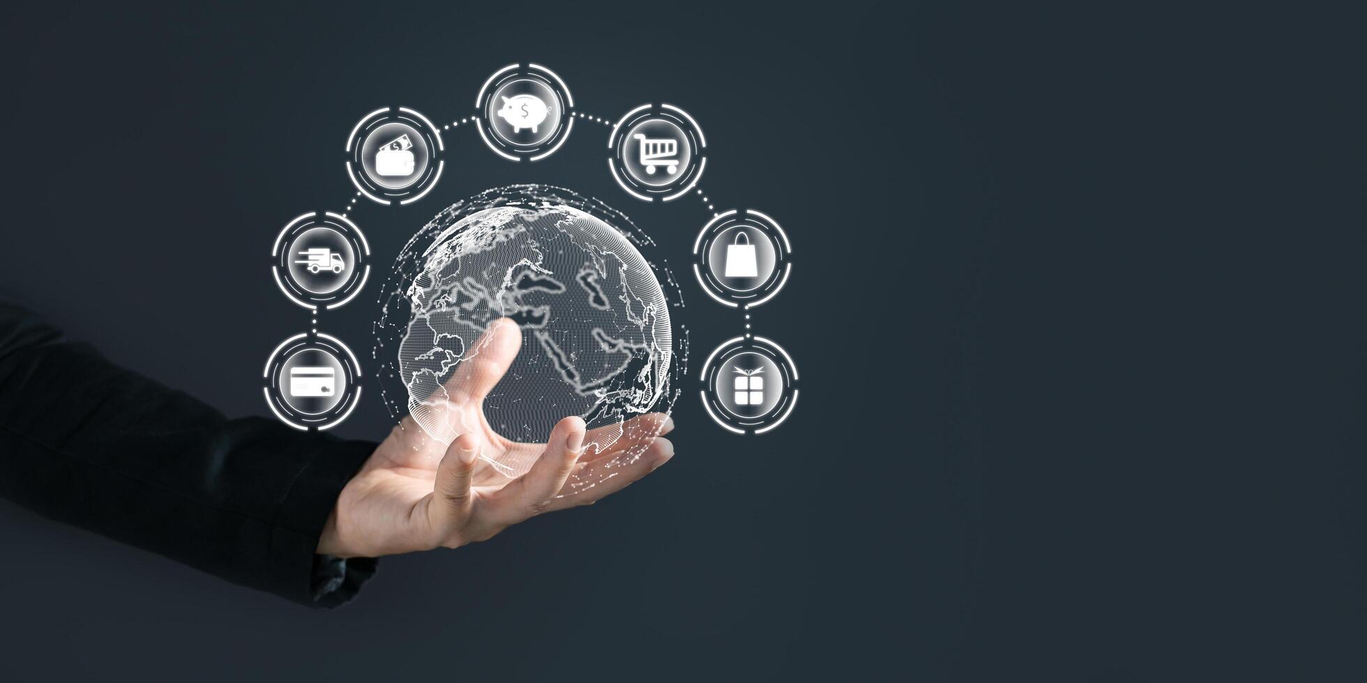 A person holding world to plan in e-business, the use of online digital network technology in business, buying and selling commerce online digital marketplace photo