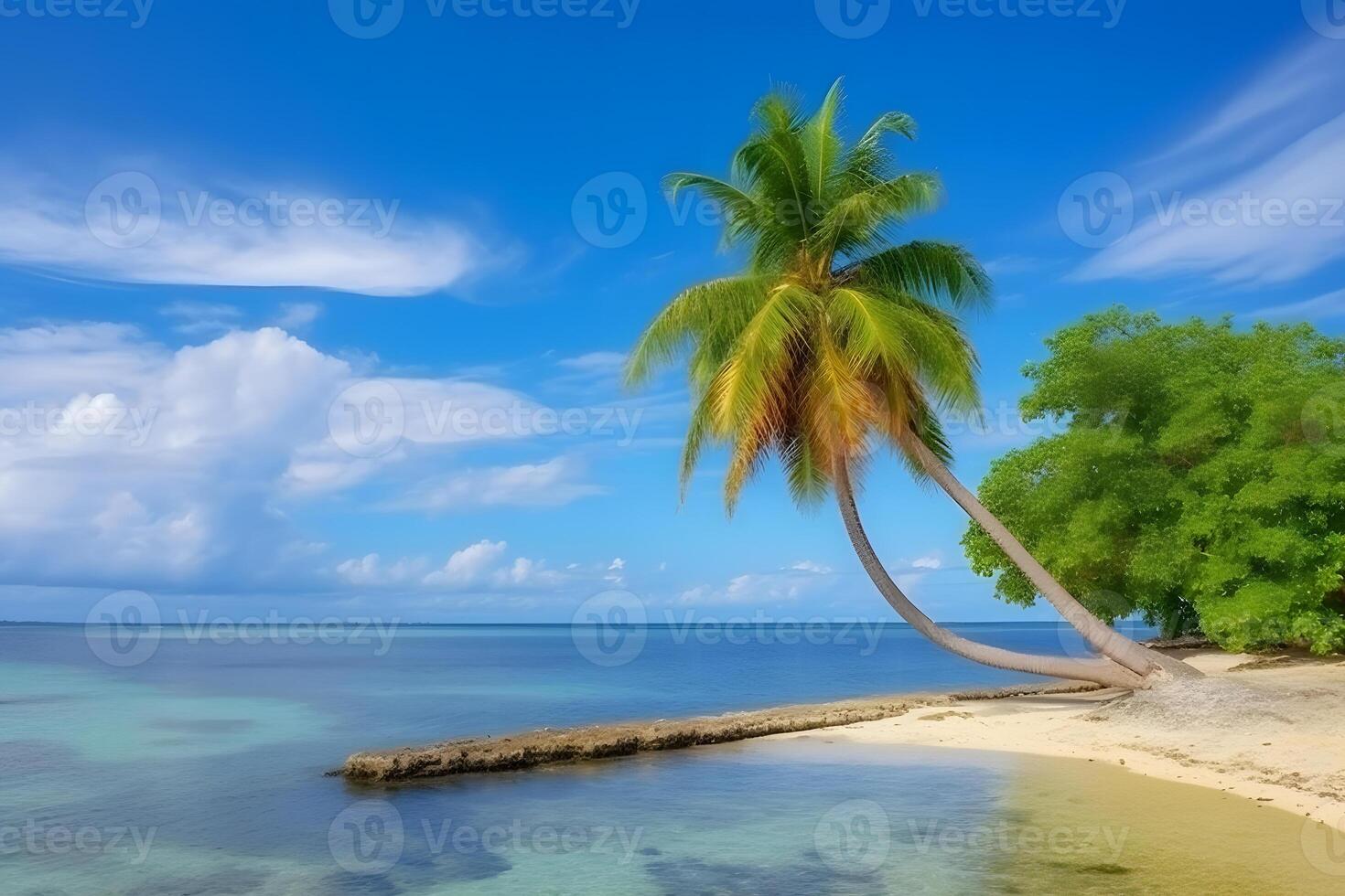 AI generated palm trees on the seashore. Beautiful topical beach. Neural network AI generated photo