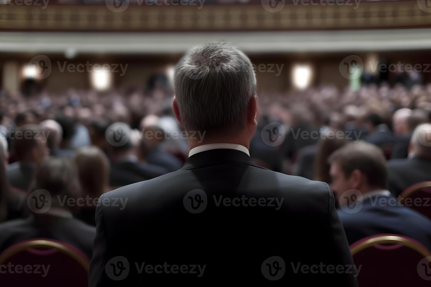 AI generated Speaker Giving a Talk at Business Meeting. Audience in the conference hall. Neural network AI generated photo