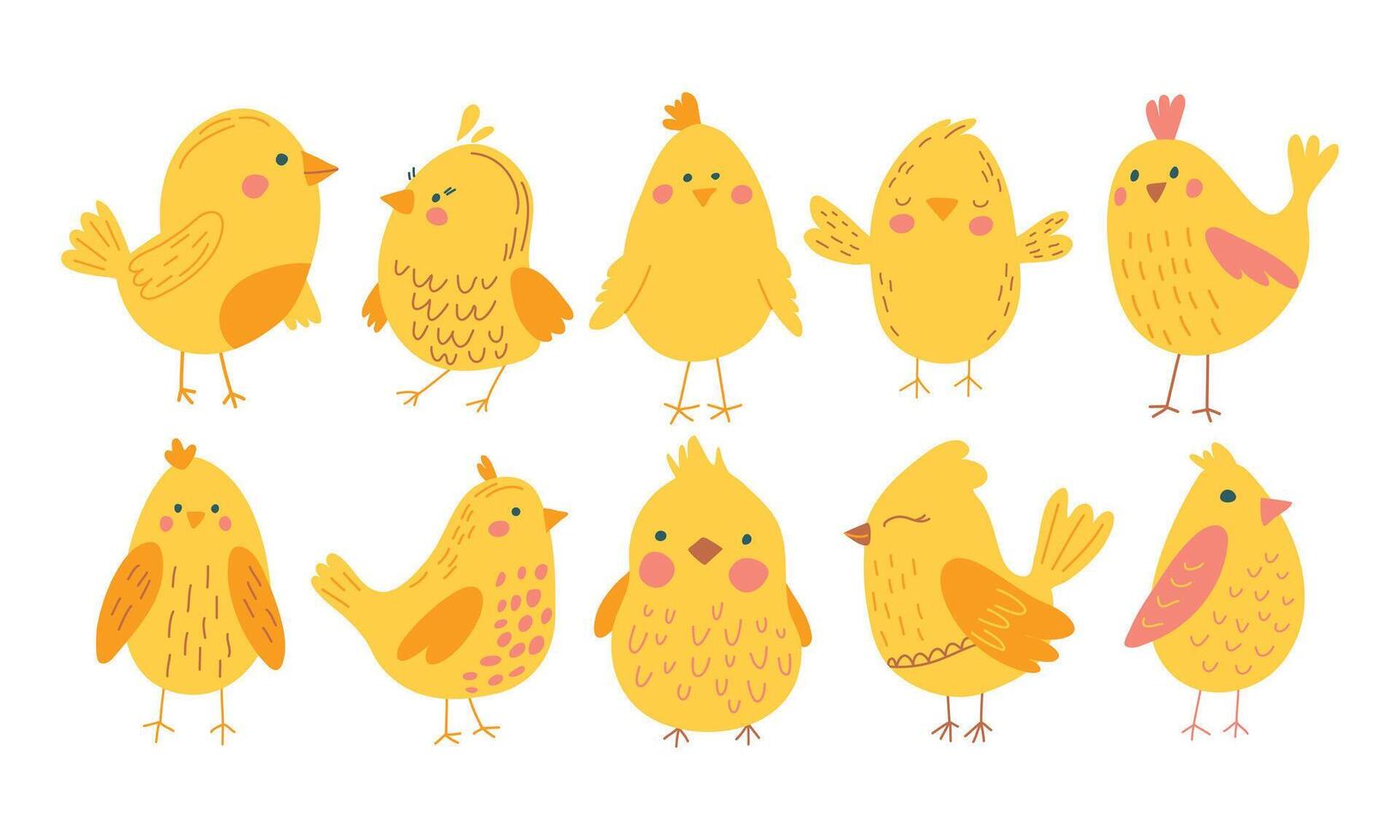 Vector color handdrawn cute easter set with chickens in flat style on a white background. Easter set