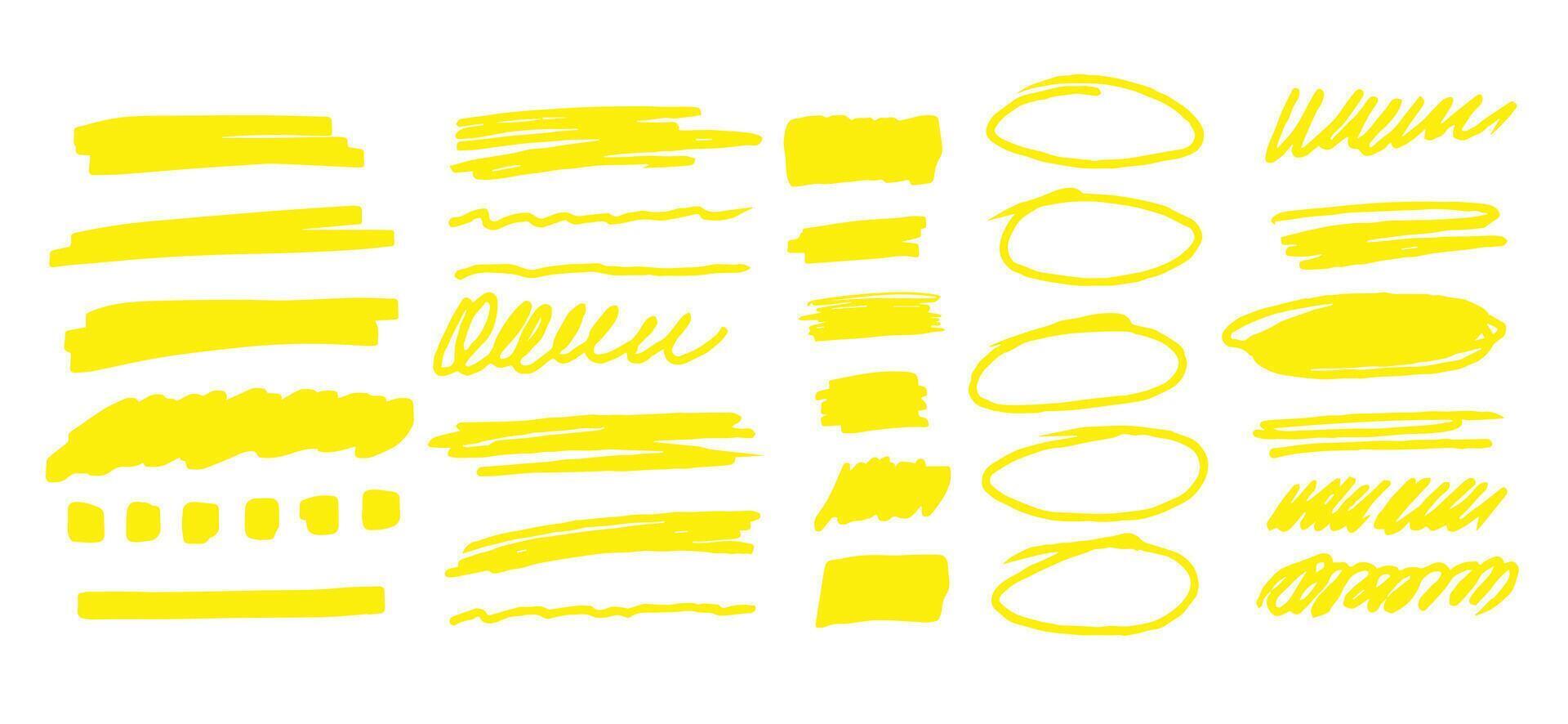 Yellow set highlighter elements. Underline element, color text mark vector