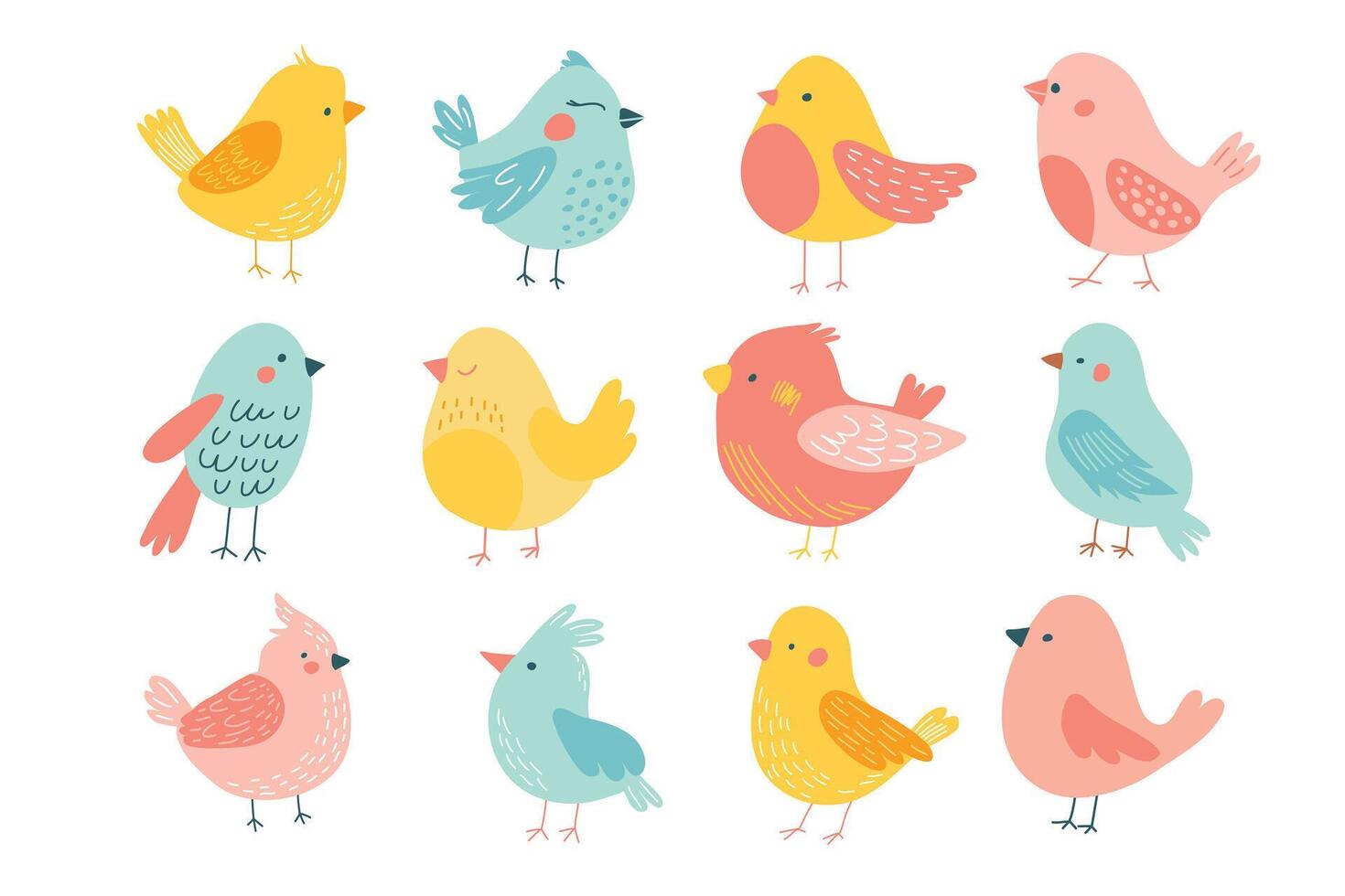 Set of color handdrawn cute birds in flat style on a white background. Spring set. vector