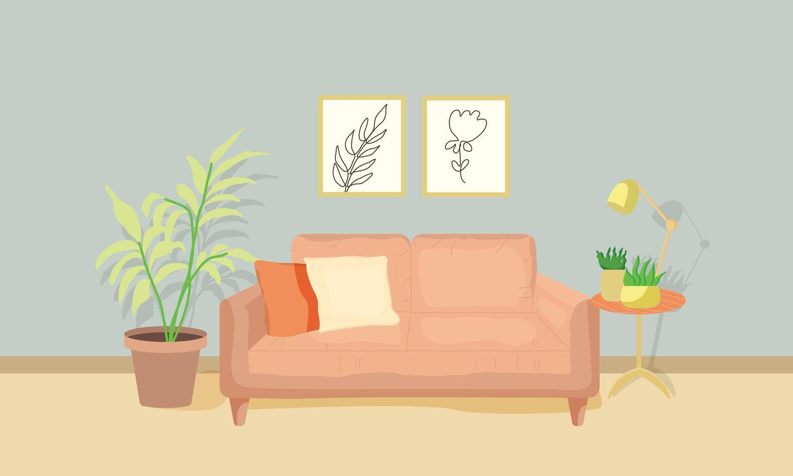 vivo habitación interior con muebles, mesa, sofá y hogar flores, lámpara, carteles en el pared vector