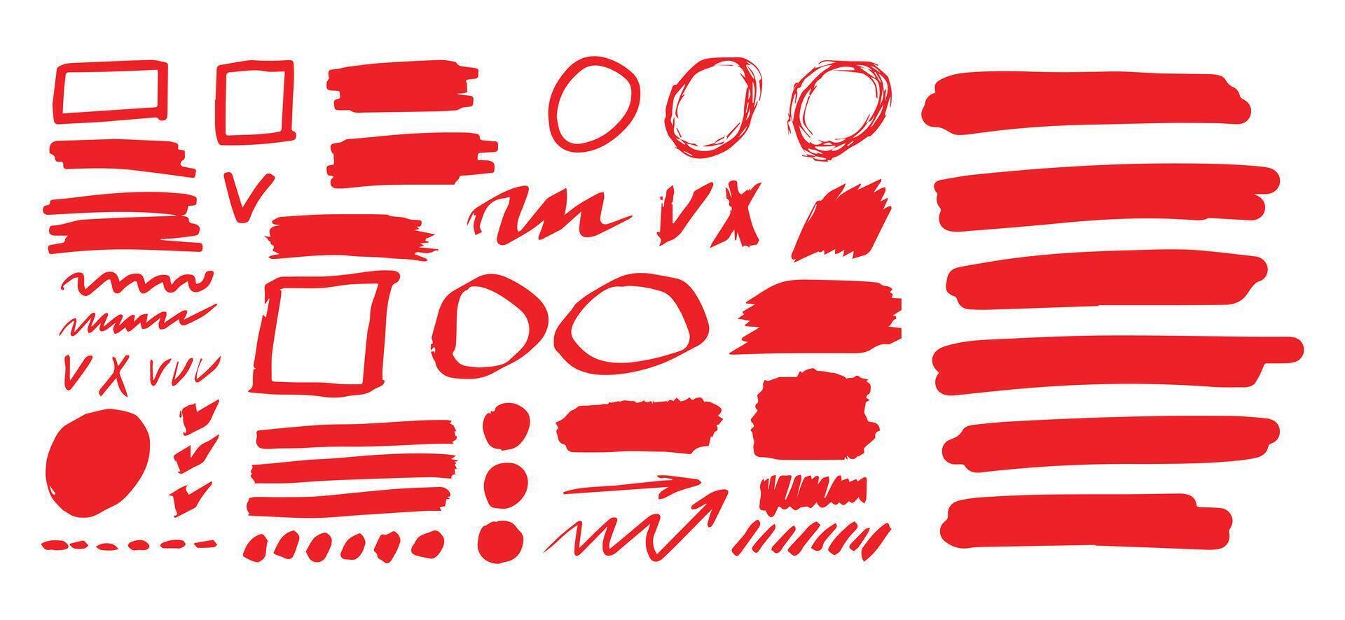 Hand-drawn shapes and lines - real highlighters. Red Vector set isolated on white background