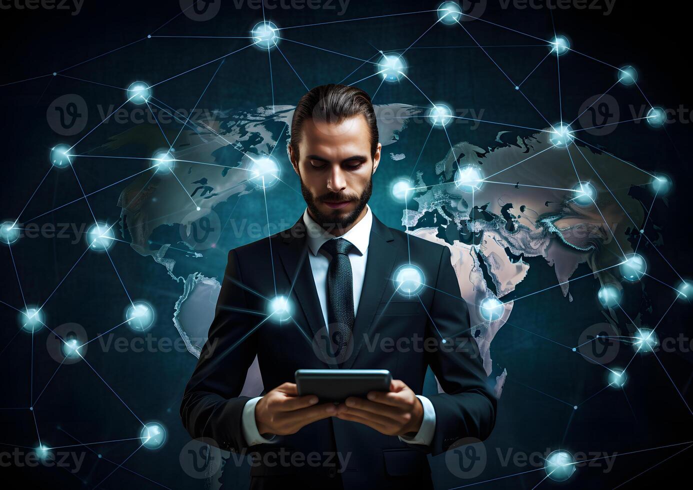 AI generated Business and Information technology. Global economic growth on business network, Data analysis of financial and banking. Technology and data connection, Teamwork, Business strategy photo