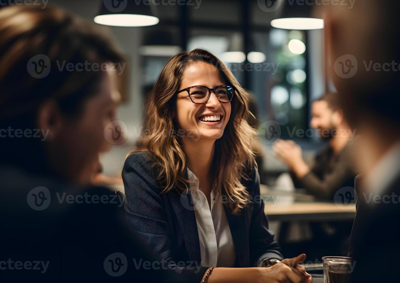 AI generated Smiling confident businesswoman leader in an office with team colleagues worker. Meeting in a boardroom. Using digital tablet and laptop during discussion. photo