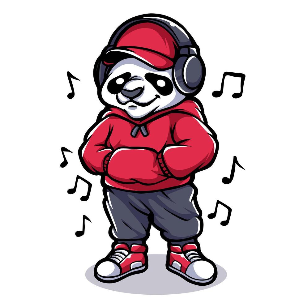 linda panda escuchando música vestir capucha vector
