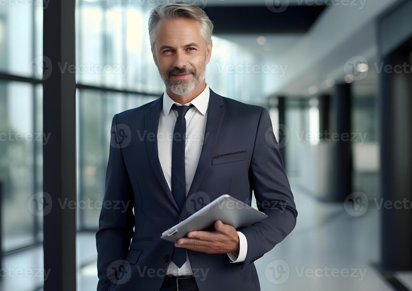 AI generated Happy confident businessman portrait holding laptop at the office photo