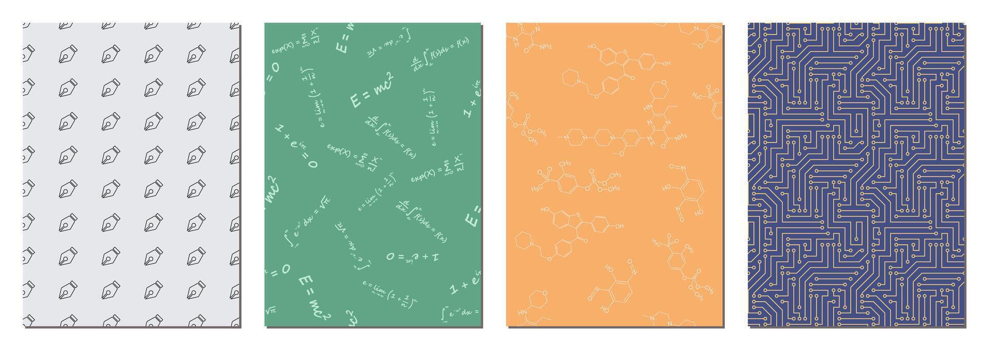 Templates for covers of scientific books and notebooks, educational printed materials. Seamless patterns with fountain pens, physical and chemical formulas, electrical circuits. vector