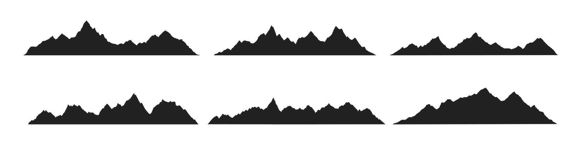 Mountain ridges peak silhouettes flat style design vector illustration set isolated on white background. Rocky mountains peaks with various ranges outdoor nature landscape background design elements.