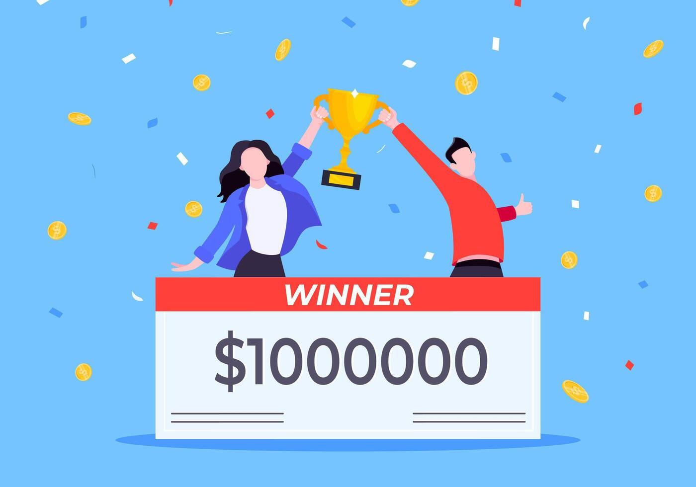 Happy lottery winners with big prize paycheck. vector
