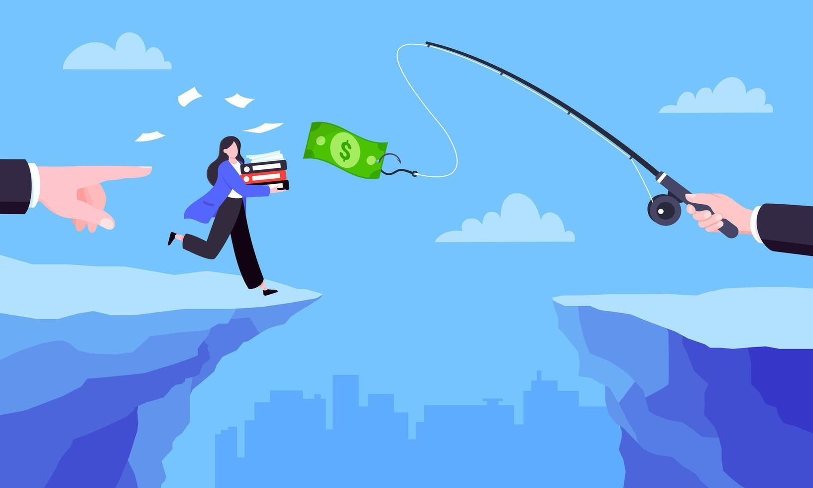 Fishing money chase business concept with businesswoman running after dangling dollar jumps over the cliff. vector