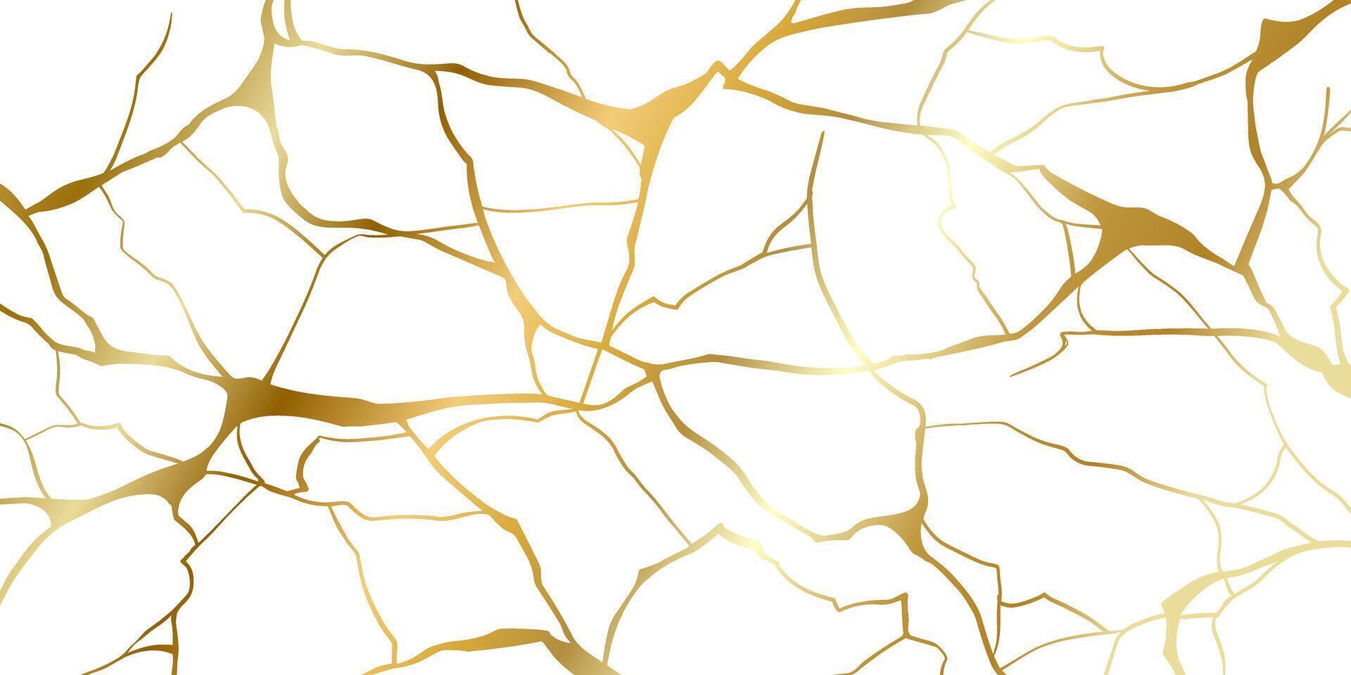 Gold kintsugi repair cracks background texture vector illustration isolated on white background. Broken foil marble pattern with golden dry cracks. Wedding card, cover or print pattern Japanese motif.
