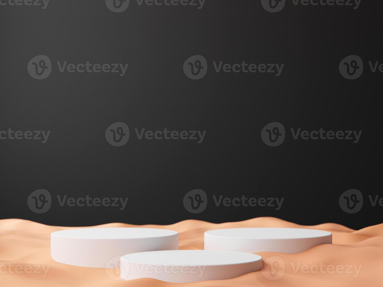 Simple blank black gradient background with product display platform on sand floor. Empty studio with circle podium pedestal on a black backdrop with sand. photo