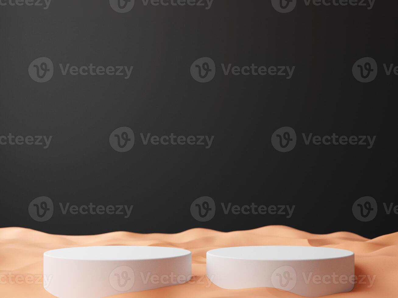 Simple blank black gradient background with product display platform on sand floor. Empty studio with circle podium pedestal on a black backdrop with sand. photo