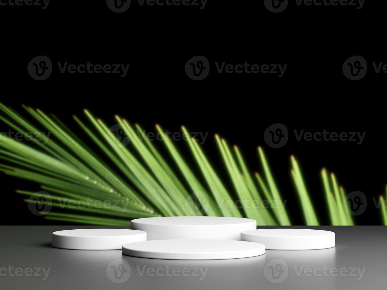 Product display podium with blurred nature leaves background. 3D rendering photo