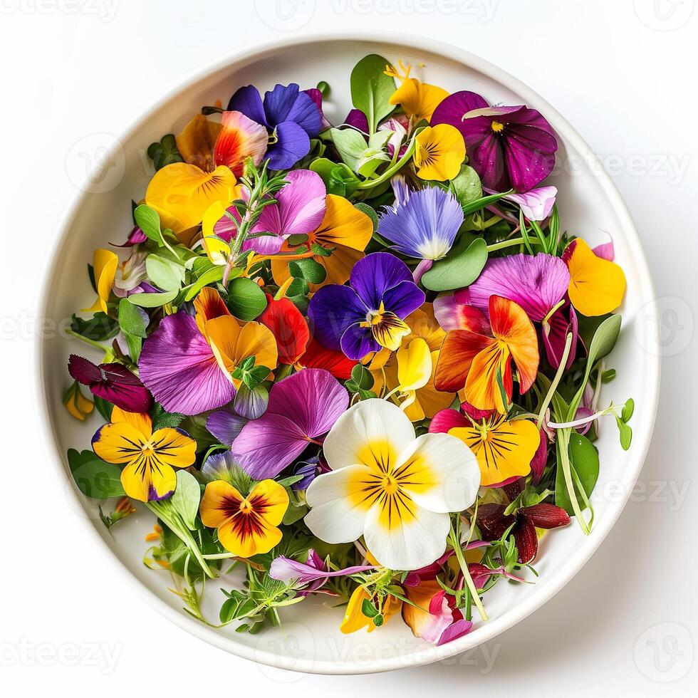 AI generated A bowl of edible flower petal salad with a drizzle of lemon vinaigrette top view isolated on a transparent background photo