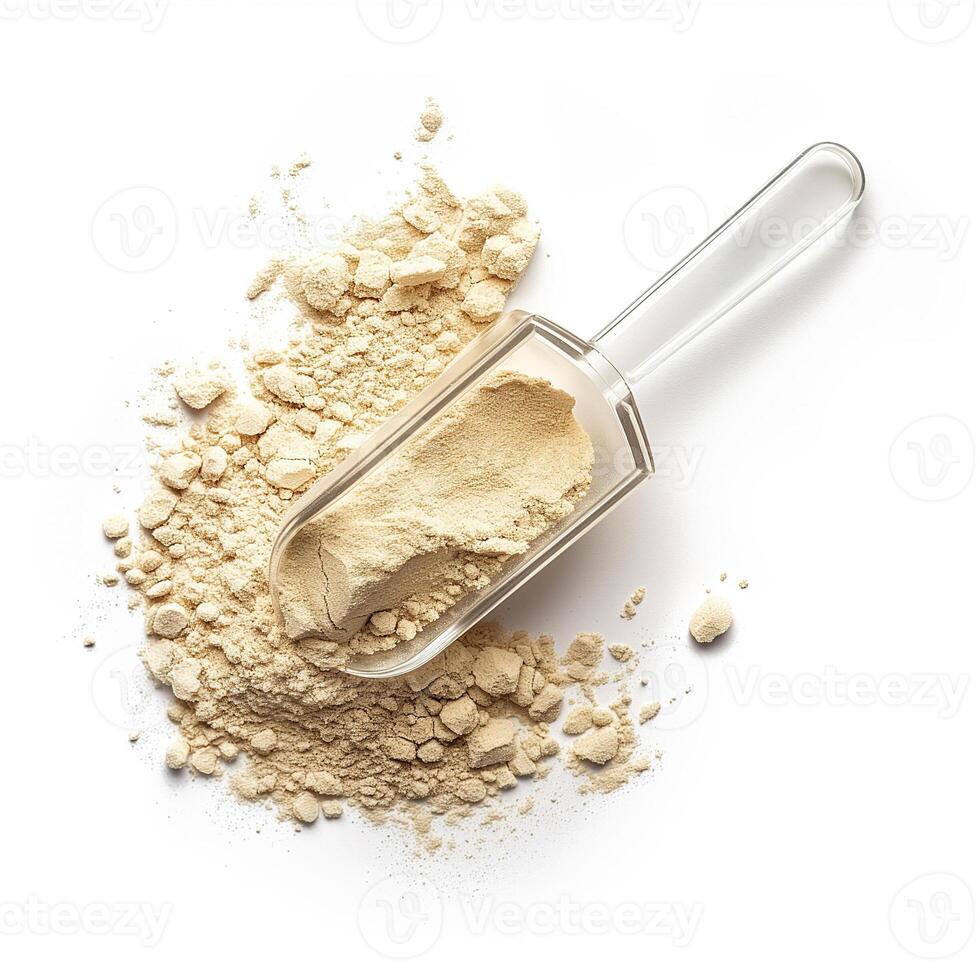 AI generated A packet of organic pea protein powder with a clear measuring scoop top view isolated on a transparent background photo