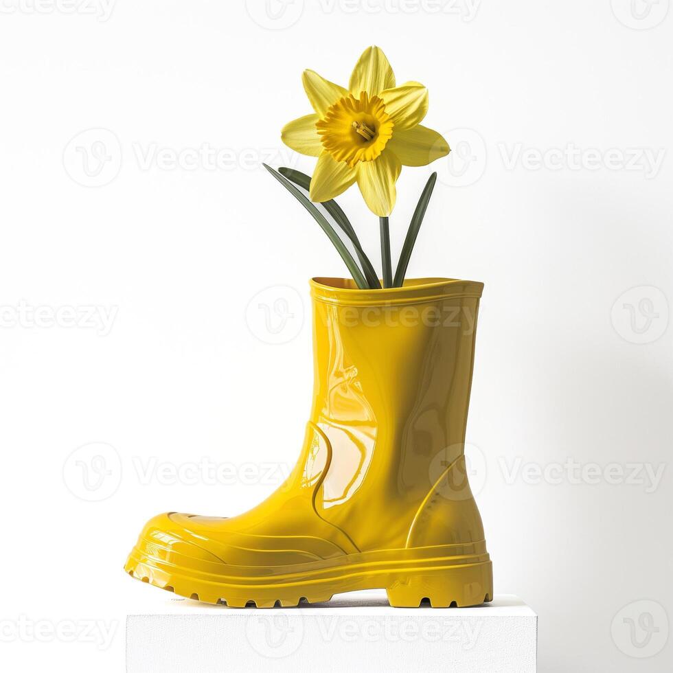 AI generated A minimalist rubber rain boot with a delicate daffodil inside isolated on a transparent background photo