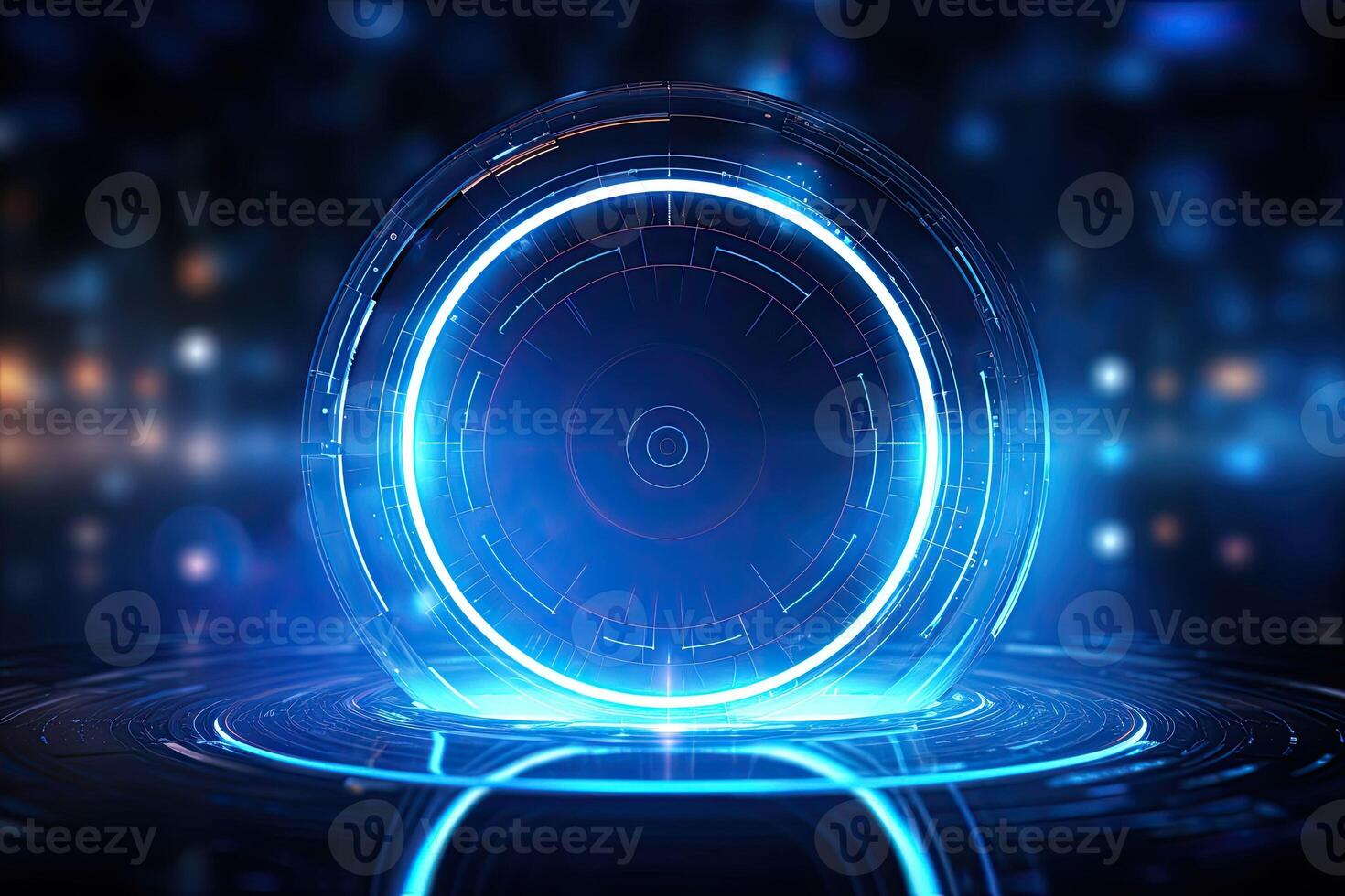 AI generated Futuristic Blue Neon Light Circle on Digital Technology Background photo