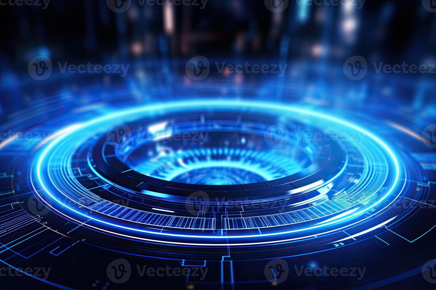 AI generated Futuristic Blue Neon Light Circle on Digital Technology Background photo