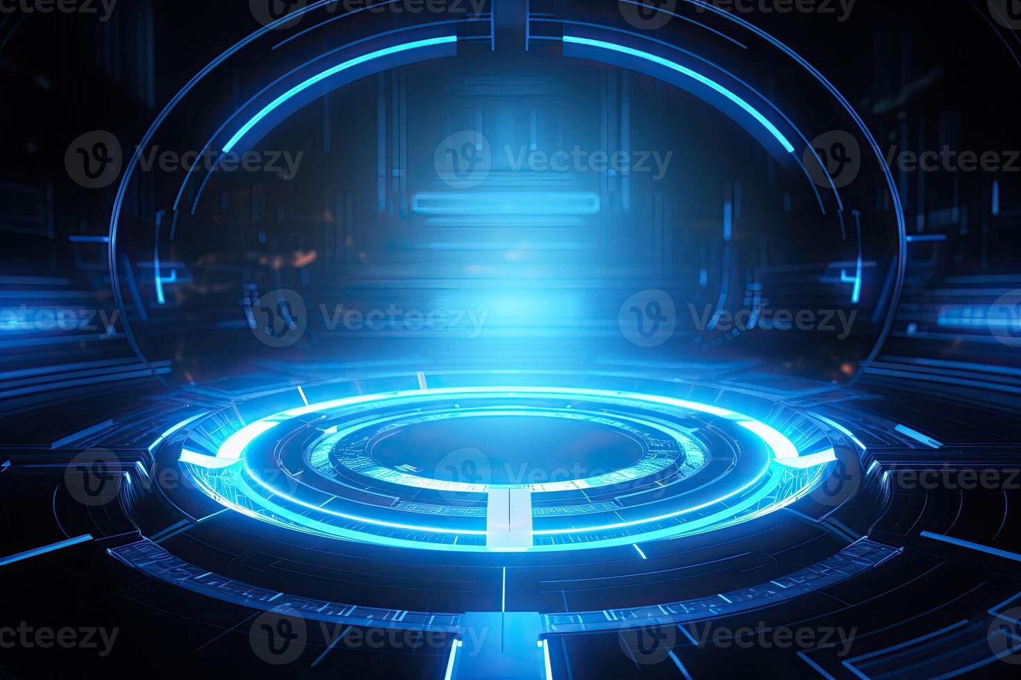 AI generated Futuristic Blue Neon Light Circle on Digital Technology Background photo