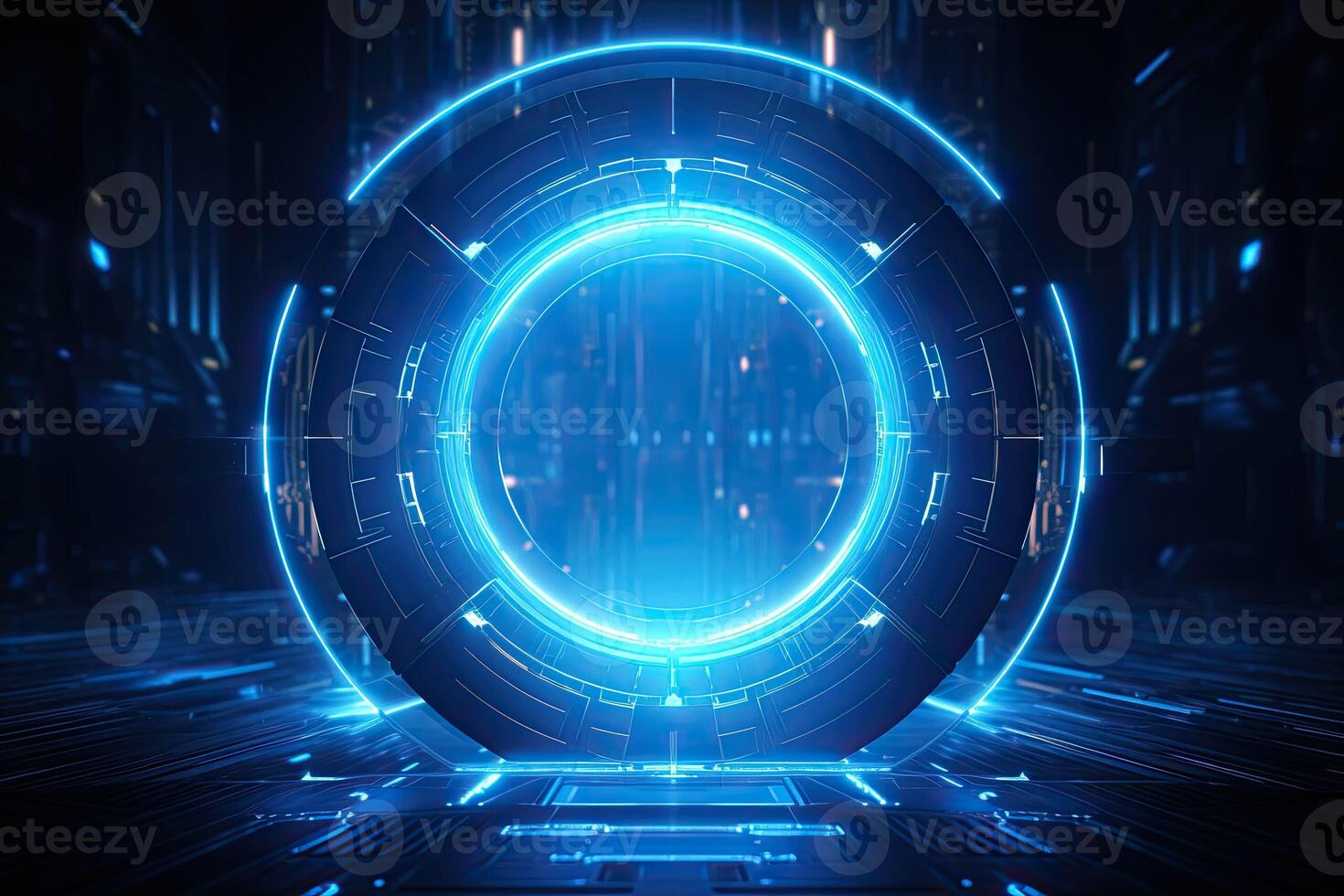 AI generated Futuristic Blue Neon Light Circle on Digital Technology Background photo