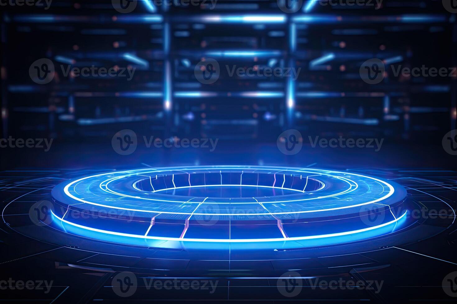AI generated Futuristic Blue Neon Light Circle on Digital Technology Background photo