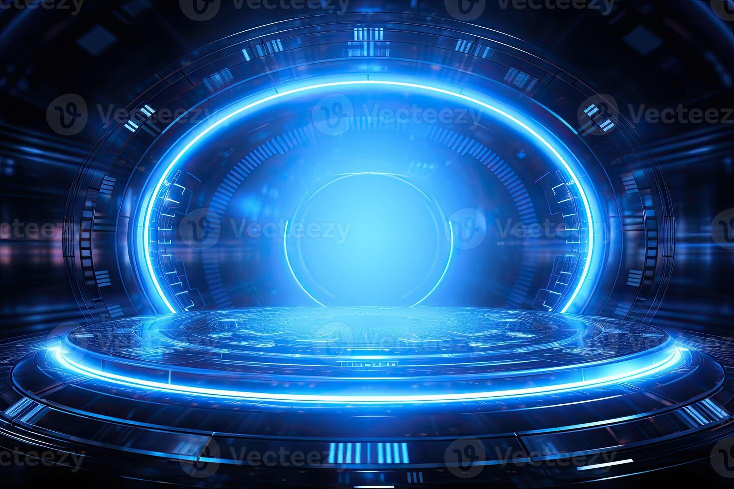 AI generated Futuristic Blue Neon Light Circle on Digital Technology Background photo