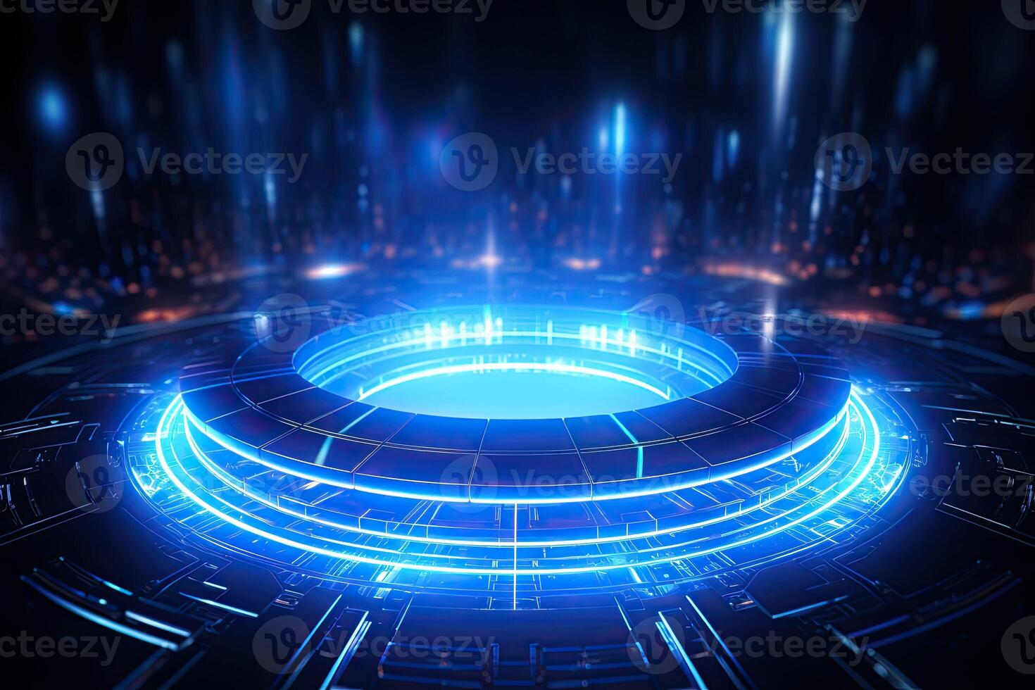 AI generated Futuristic Blue Neon Light Circle on Digital Technology Background photo
