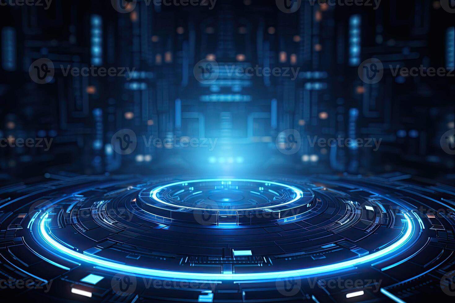 AI generated Futuristic Blue Neon Light Circle on Digital Technology Background photo