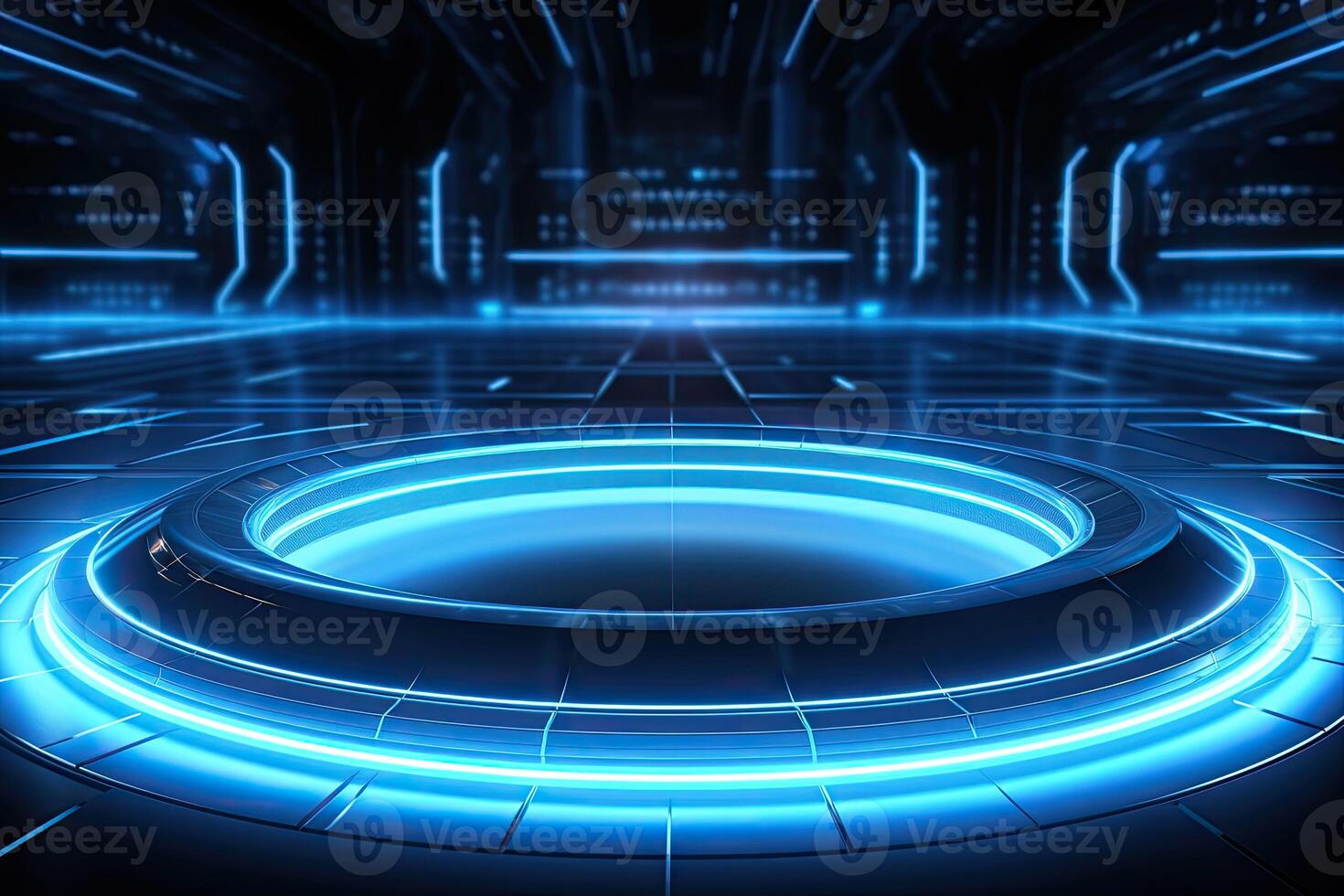AI generated Futuristic Blue Neon Light Circle on Digital Technology Background photo